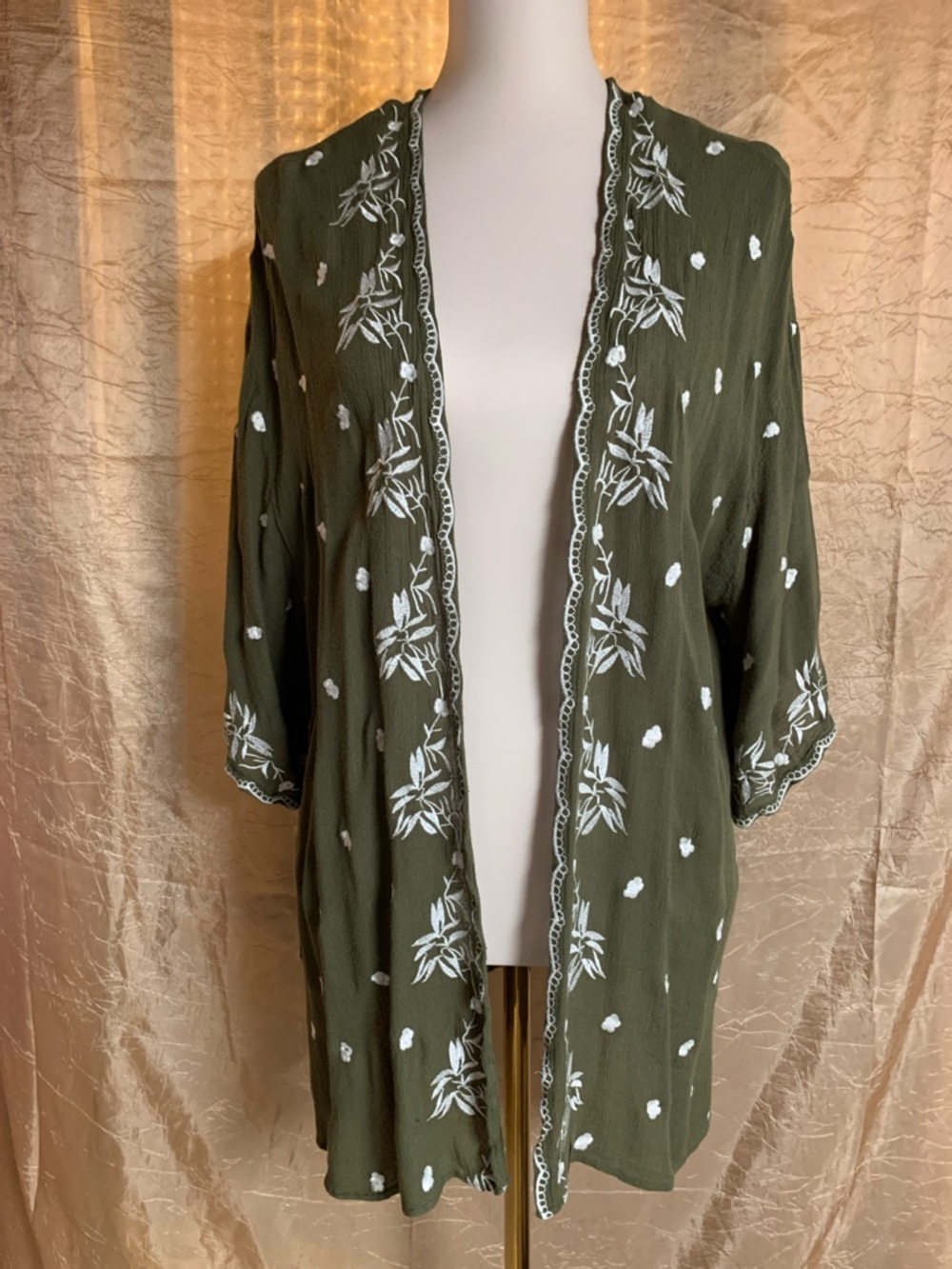 Olive Green Floral Embroidered Kimono Cardigan